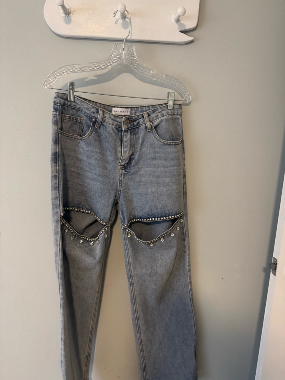 Angel Kiss Light Blue Straight-Leg Jeans with Rhinestone Knee Cutouts